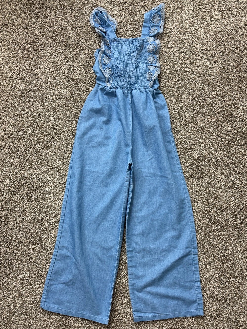 btween Light Blue Denim Wide-Leg Kids Jumpsuit with Ruffle Straps Girl 10